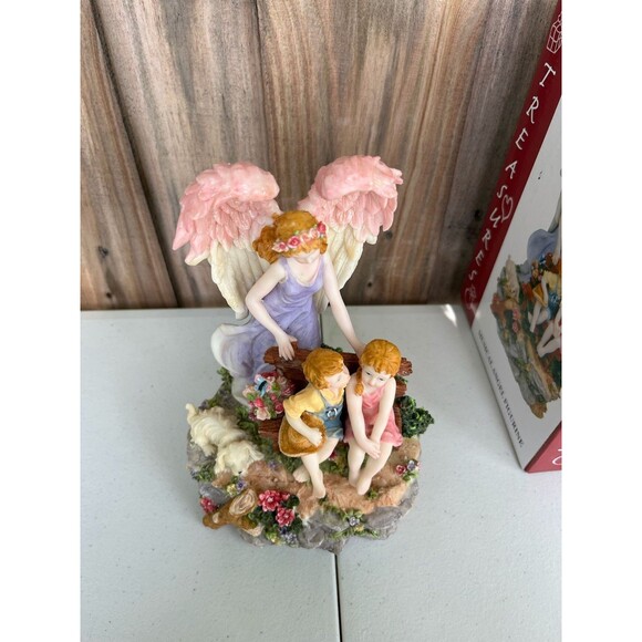 Treasures Musical Angel Figurine Puppy Kids on Bench - Picture 7 of 9